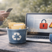 Datenlöschung nach DSGVO: Nahaufnahme eines Papierkorbs mit Dokumenten vor einem Laptop, der digitale Sicherheitssymbole zeigt – symbolisiert die DSGVO-konforme Datenlöschung und den Schutz personenbezogener Daten.
