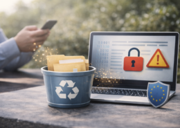 Datenlöschung nach DSGVO: Nahaufnahme eines Papierkorbs mit Dokumenten vor einem Laptop, der digitale Sicherheitssymbole zeigt – symbolisiert die DSGVO-konforme Datenlöschung und den Schutz personenbezogener Daten.