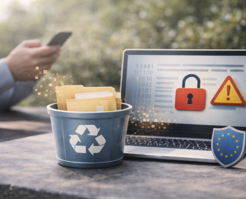Datenlöschung nach DSGVO: Nahaufnahme eines Papierkorbs mit Dokumenten vor einem Laptop, der digitale Sicherheitssymbole zeigt – symbolisiert die DSGVO-konforme Datenlöschung und den Schutz personenbezogener Daten.