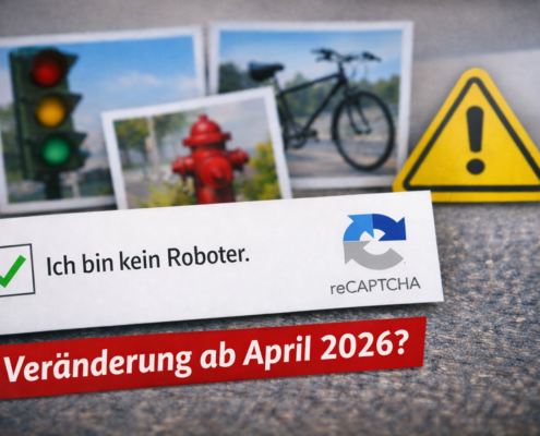 reCAPTCHA-Checkbox „Ich bin kein Roboter“ mit Symbolen und Hinweis auf Änderungen für Webseitenbetreiber ab April 2026