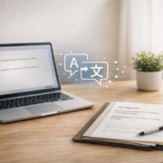 Arbeitsplatz mit Laptop und fremdsprachigem Text zur KI-Übersetzung im Kontext Datenschutz im Unternehmen