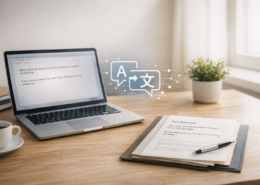 Arbeitsplatz mit Laptop und fremdsprachigem Text zur KI-Übersetzung im Kontext Datenschutz im Unternehmen
