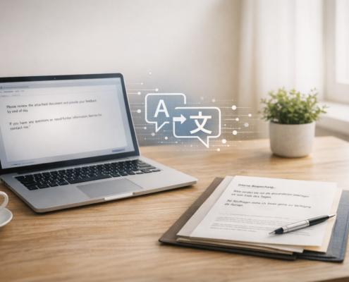 Arbeitsplatz mit Laptop und fremdsprachigem Text zur KI-Übersetzung im Kontext Datenschutz im Unternehmen