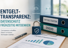Illustration zum Thema Entgelttransparenz und Datenschutz: Auf einem Schreibtisch liegen Dokumente mit Diagrammen zur Entgelttransparenz, daneben ein Vorhängeschloss als Symbol für den Schutz von Gehaltsdaten. Im Hintergrund sind Ordner mit den Beschriftungen „Entgeltdaten“ und „DSGVO“ sowie Symbole für Transparenz, Fairness und Datenschutz zu sehen.