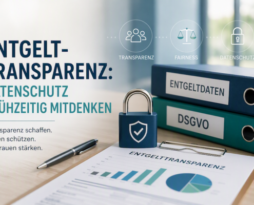 Illustration zum Thema Entgelttransparenz und Datenschutz: Auf einem Schreibtisch liegen Dokumente mit Diagrammen zur Entgelttransparenz, daneben ein Vorhängeschloss als Symbol für den Schutz von Gehaltsdaten. Im Hintergrund sind Ordner mit den Beschriftungen „Entgeltdaten“ und „DSGVO“ sowie Symbole für Transparenz, Fairness und Datenschutz zu sehen.