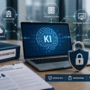 KI in der Auftragsverarbeitung: Laptop mit KI-Anwendung, Auftragsverarbeitungsvertrag und Datenschutzsymbol. Das Bild veranschaulicht Transparenz, Kontrolle und den datenschutzkonformen Einsatz von KI bei Dienstleistern und Unterauftragsverarbeitern.