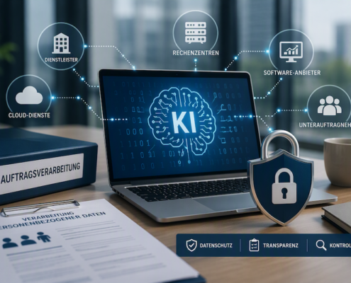 KI in der Auftragsverarbeitung: Laptop mit KI-Anwendung, Auftragsverarbeitungsvertrag und Datenschutzsymbol. Das Bild veranschaulicht Transparenz, Kontrolle und den datenschutzkonformen Einsatz von KI bei Dienstleistern und Unterauftragsverarbeitern.