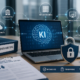 KI in der Auftragsverarbeitung: Laptop mit KI-Anwendung, Auftragsverarbeitungsvertrag und Datenschutzsymbol. Das Bild veranschaulicht Transparenz, Kontrolle und den datenschutzkonformen Einsatz von KI bei Dienstleistern und Unterauftragsverarbeitern.